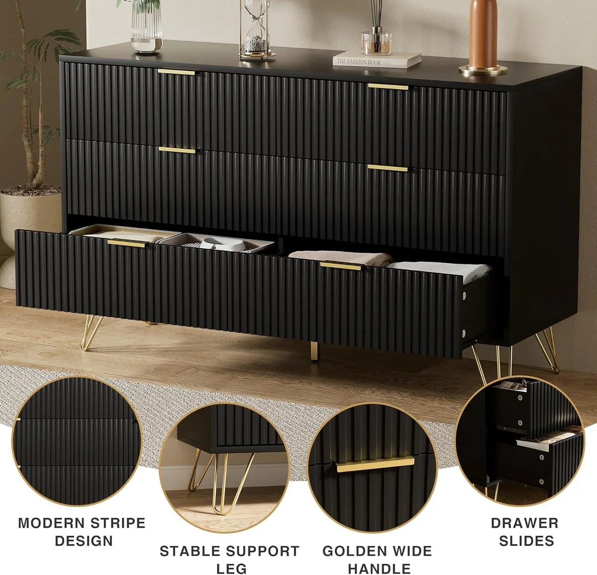 2026 NewFURNIWAY White 6 Drawer Dresser for Bedroom, Modern Dresser with Gold Metal Handles,Fluted Wood TV Stand for Living Room, Hallway