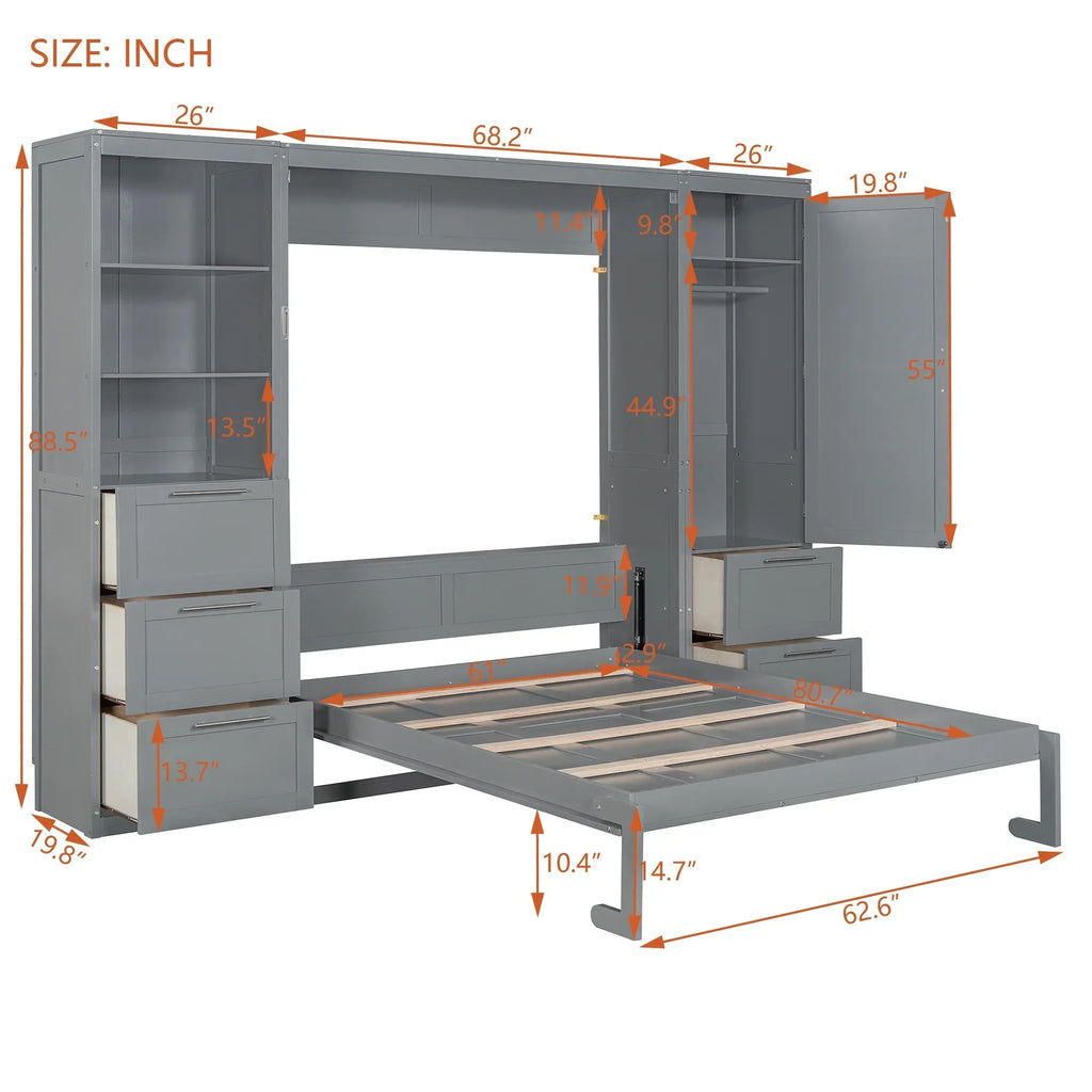 2026 NewNewest Queen Size Murphy Bed Wall Bed with Closet,Drawers, Shelves,Gray