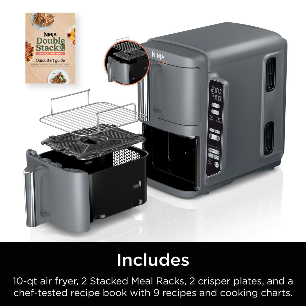 2026 NewNinja DoubleStack XL 2-Basket Air Fryer, DoubleStack Technology Cooks 4 Foods at Once, Space Saving Design, 10 QT, 4-in-1, Smart Finish & Match Cook, SL400