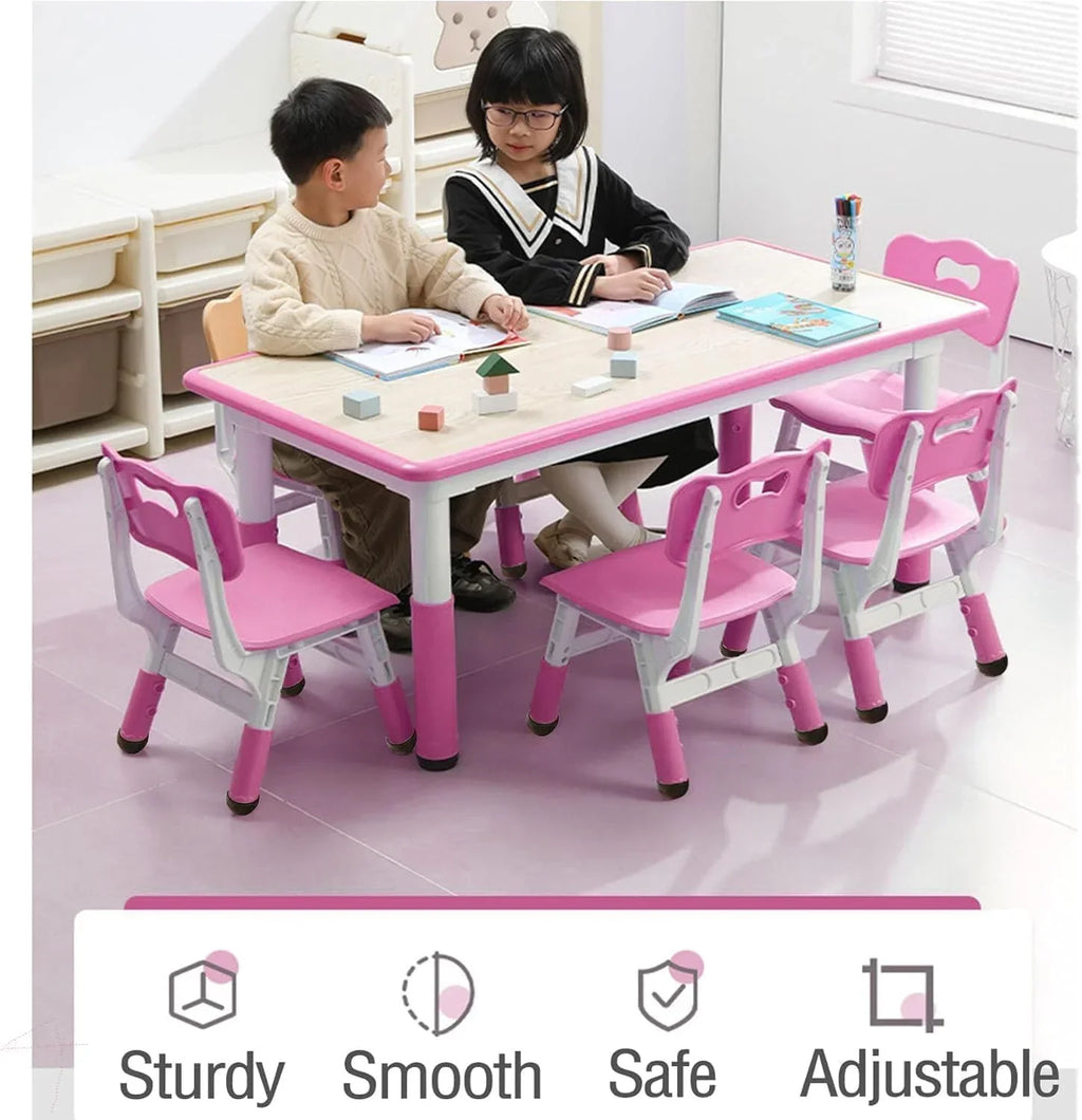 2026 NewTROPOW Kids Table and Chairs,Height Adjustable Toddler Table and 6 Chair,Multi-Activity Table with Graffiti Desktop Non-Slip Legs for Ages 2-10,Children Activity Table for Daycare,Classroom,Blue