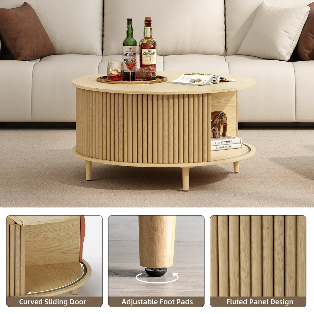 2026 NewJOINICE Round Coffee Table with Storage and Sliding Door,Mid Century Modern Wooden Center Table,for Living Room,Walnut