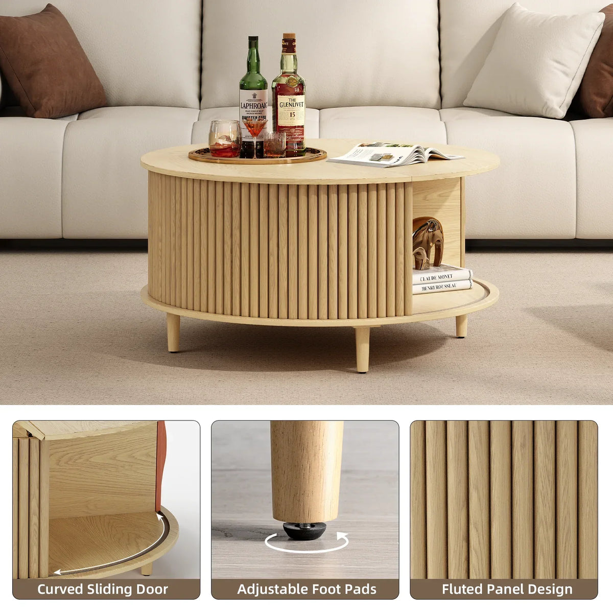 2026 NewJOINICE Round Coffee Table with Storage and Sliding Door,Mid Century Modern Wooden Center Table,for Living Room,Walnut
