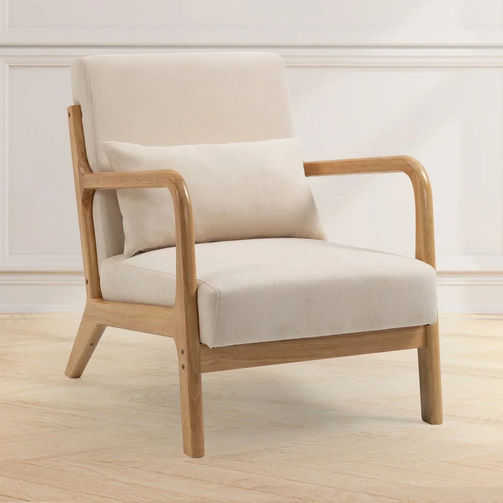 2026 NewAccent Chairs, Single Linen Lounge Reading Armchair with Solid Wood Frame, Mid Century Modern Easy Assembly Arm Chairs for Living Room-Beige