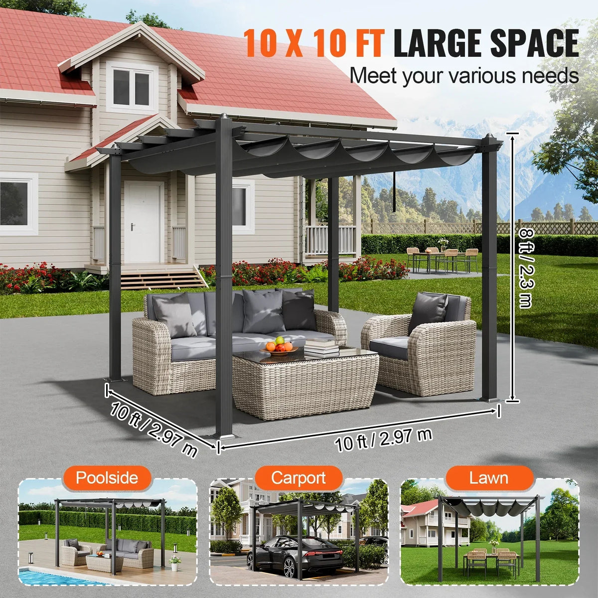 2026 NewKFFKFF 10'x10' Aluminum Pergola, Outdoor with Retractable Sun Shade Canopy, Ideal for Patio, Garden, Deck, Backyard - Gray