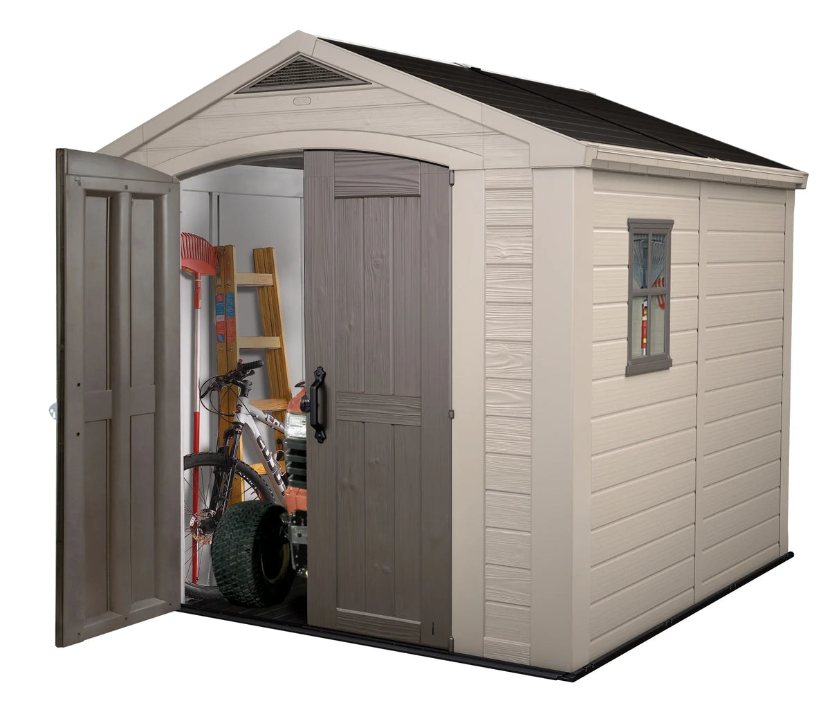 2026 NewKeter Factor 8 x 11 Foot All Weather Resin Outdoor Storage Shed, Taupe