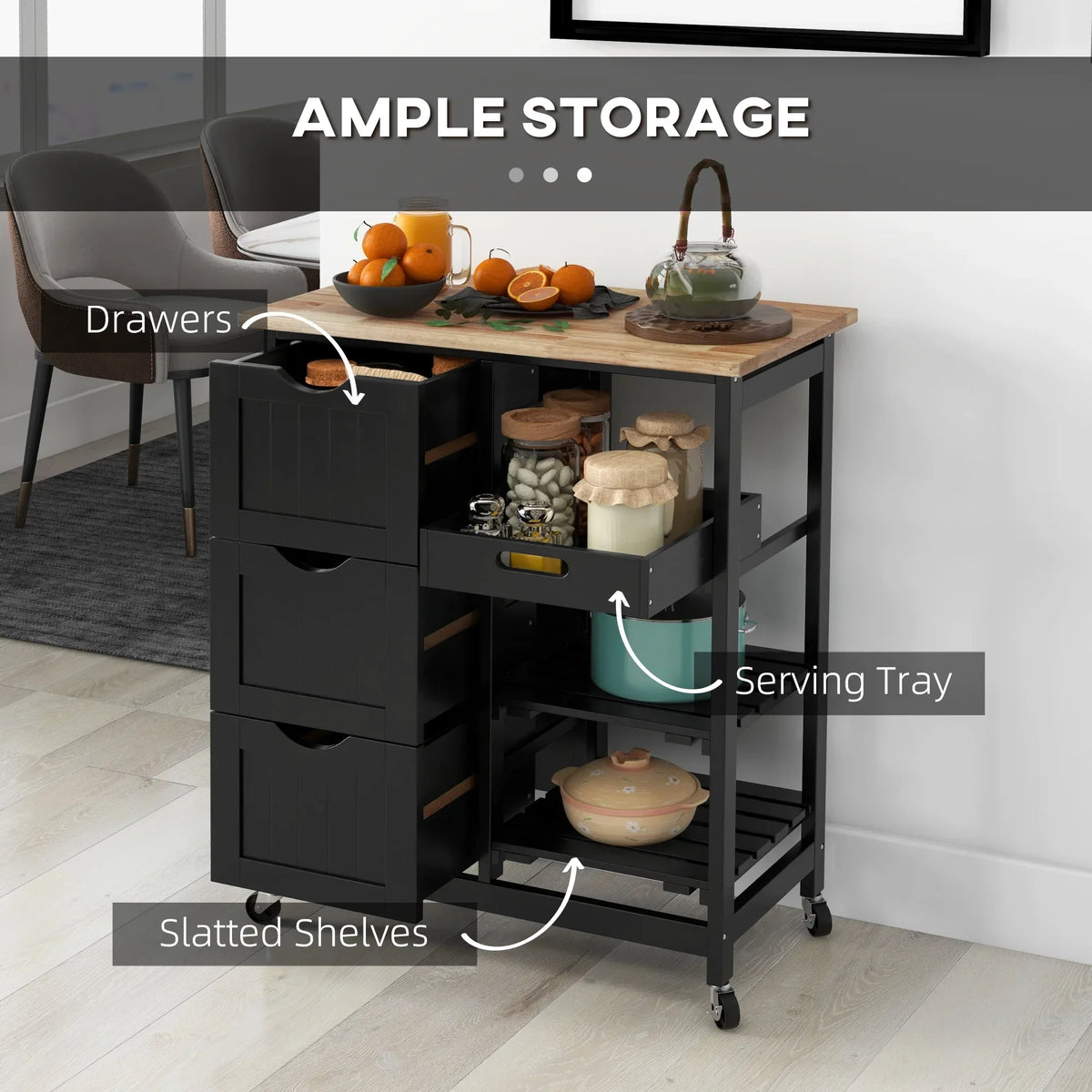 2026 NewHOMCOM Rolling Kitchen Island Cart, Bar Serving Cart, Compact Trolley on Wheels with Wood Top, Shelves & Drawers for Home Dining Area, Grey