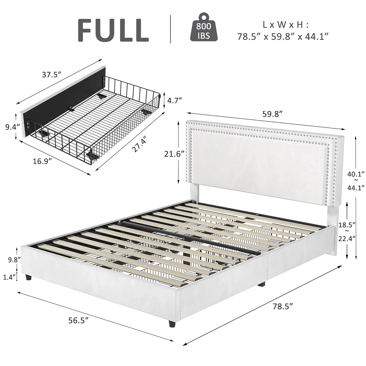 2026 NewVECELO Full Bed Frame with 4 Storage Drawers (Wheeled) and Tufted Upholstered Adjustable Headboard Platform Bed, Beige