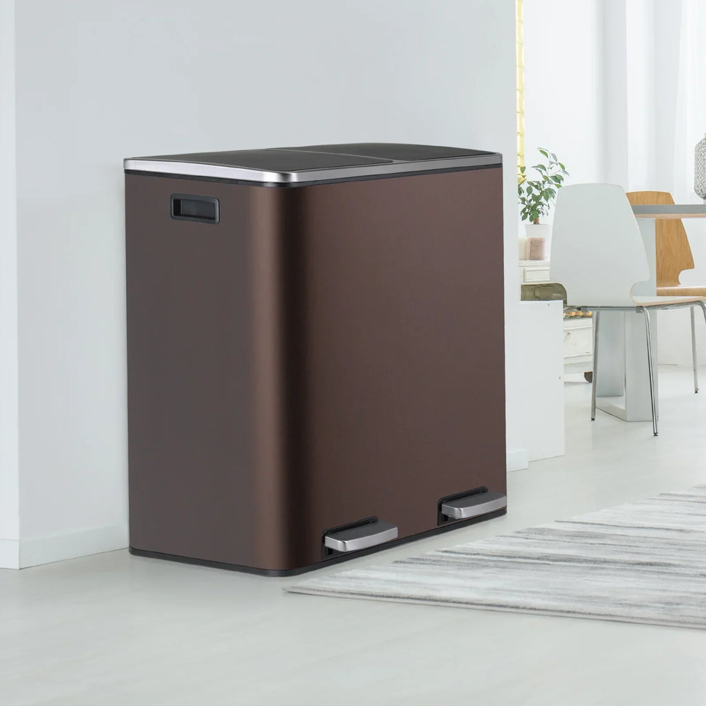 2026 NewLAZY BUDDY Dual Garbage Can, Stainless Steel 16 Gallon Step Kitchen Trash Can with Soft-Close Lid, Double Compartment Garbage Recycling Bin