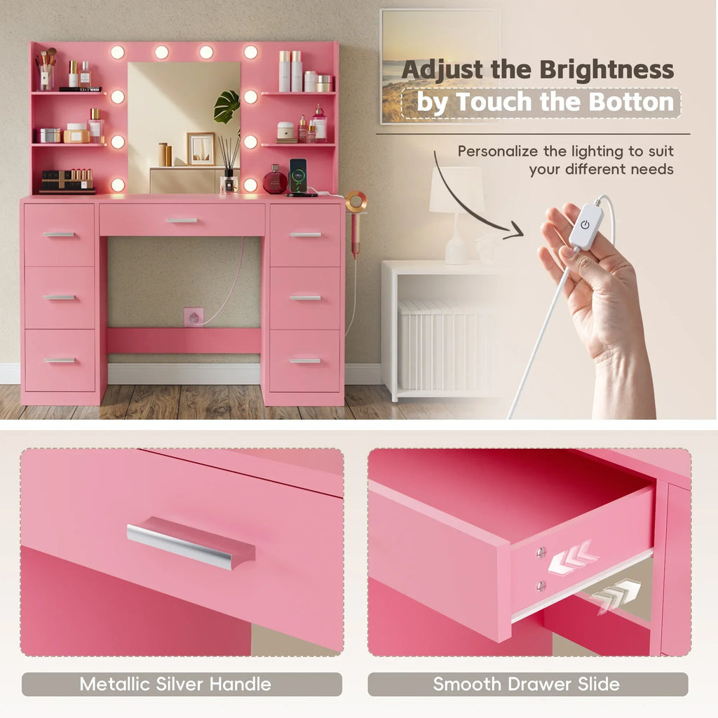 2026 NewLacoo Vanity Desk with Mirror and LED Lights, Makeup Vanity with 7 Drawers & 4 Shelves, Vanity Table with Power Outlet for Bedroom Dressing Room, White