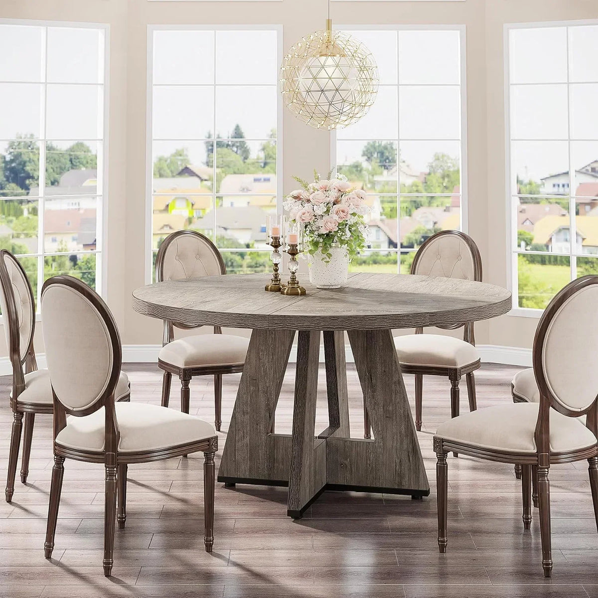 2026 NewTribesigns Round Dining Table for 4, Grey Kitchen Table 47 Inch Farmhouse Wood Kitchen Dinning Table for Kitchen Living Room