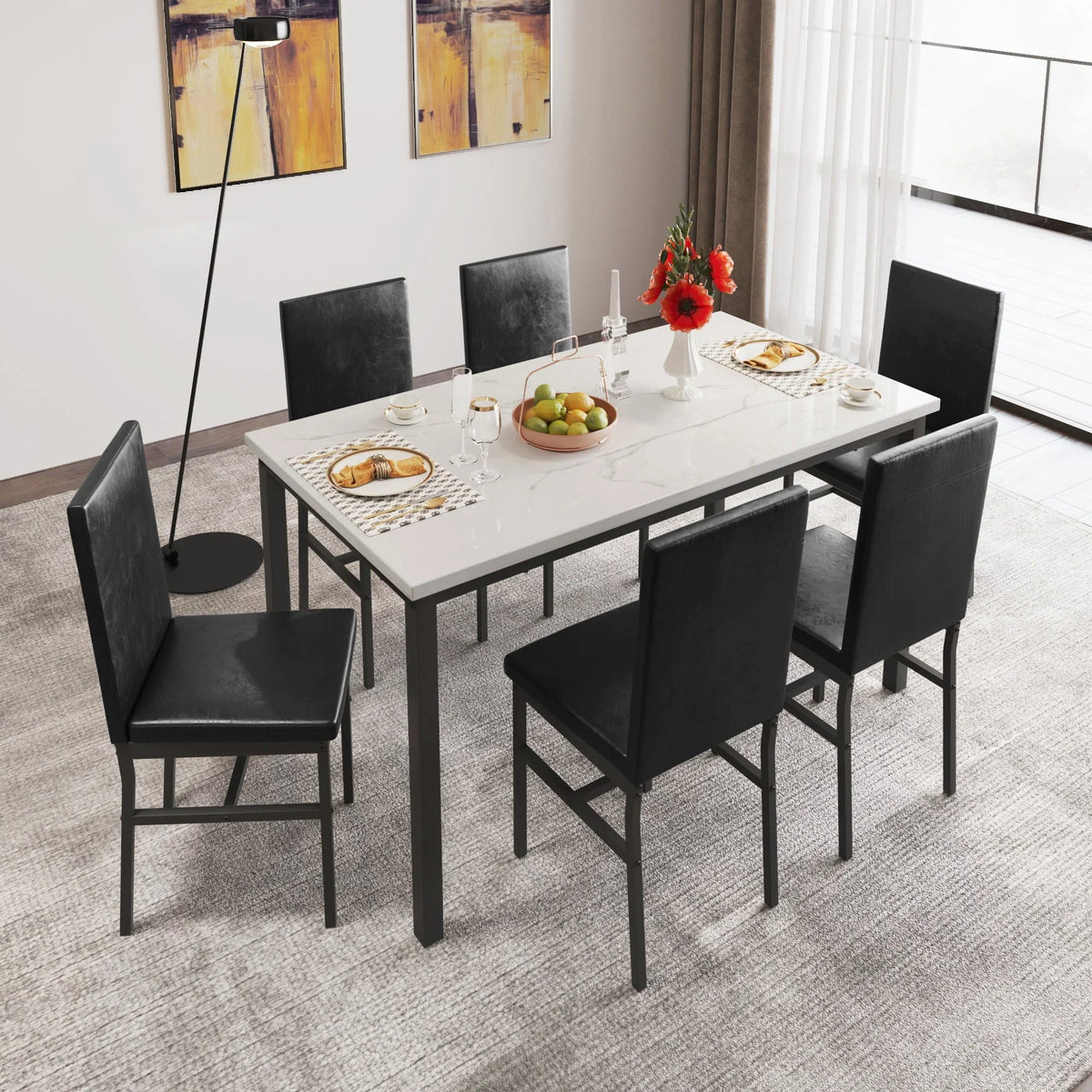2026 NewDining Table with 6 High-back Upholstered Chairs, Modern Dinette Set, Dining Table and Chairs Set for 6 Persons, Small Home Kitchen Dining Table Set, Ideal for Apartment Breakfast Nook Bar, B1470