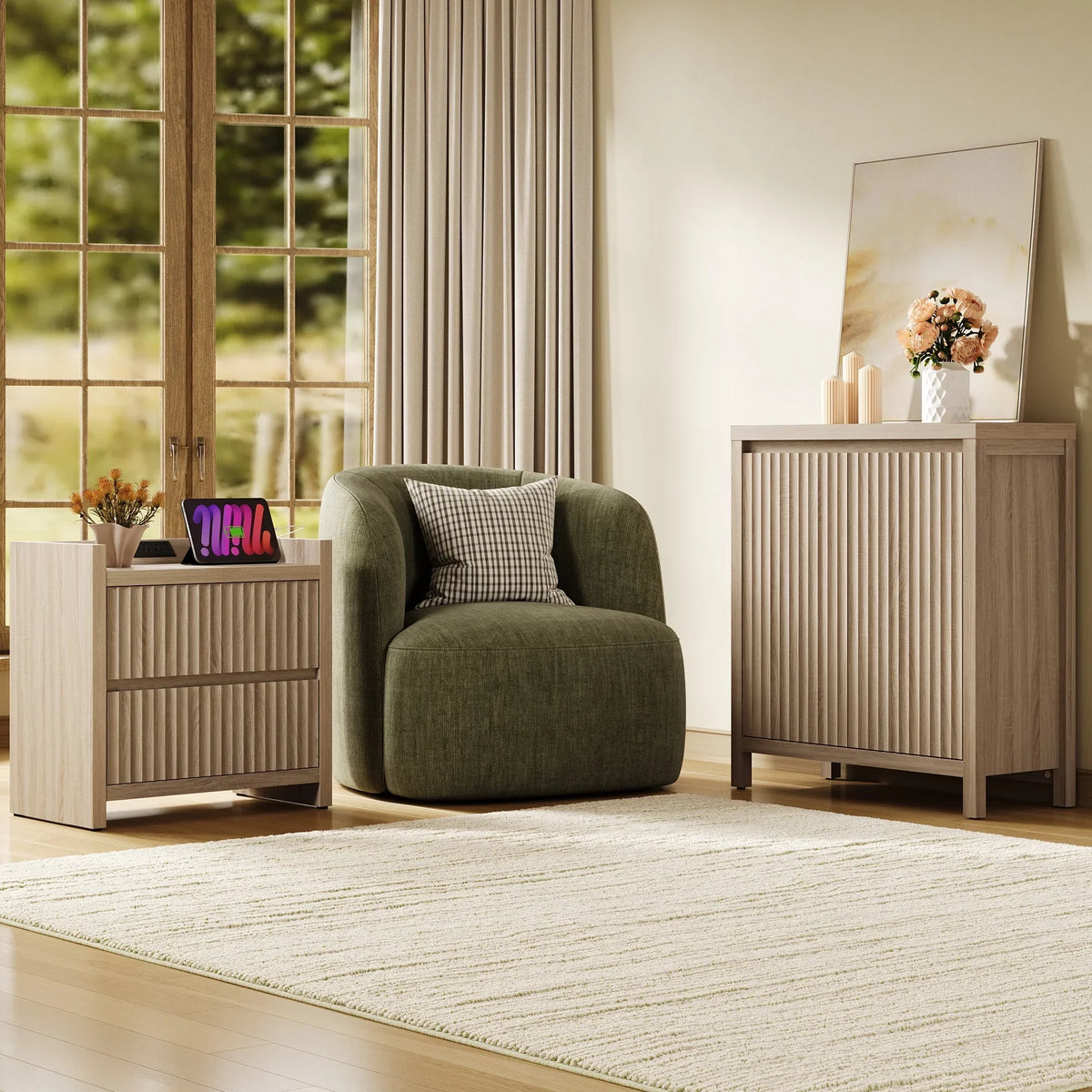 2026 NewSICOTAS 25.4" Wide Nightstand Set of 2 with Charging Station, Modern Night Stand with 2 Fluted Dresser & Handle-Less Storage Farmhouse Bed Side Table for Bedroom, Natural Oak