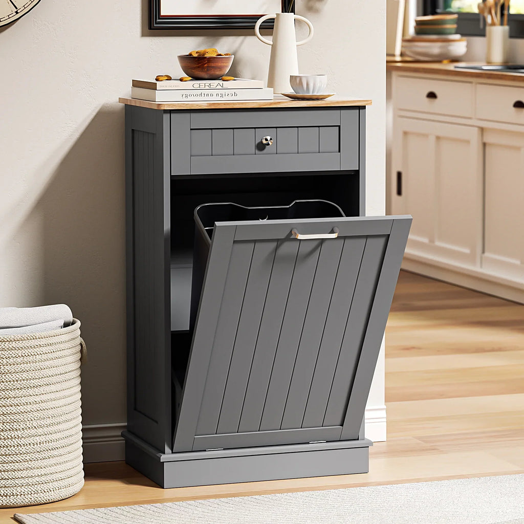2026 NewHARIPUL Single Tilt Out Trash Cabinet for 13 Gallon Waste Bin, Free Standing Kitchen Trash Can Cabinet with Drawers, White