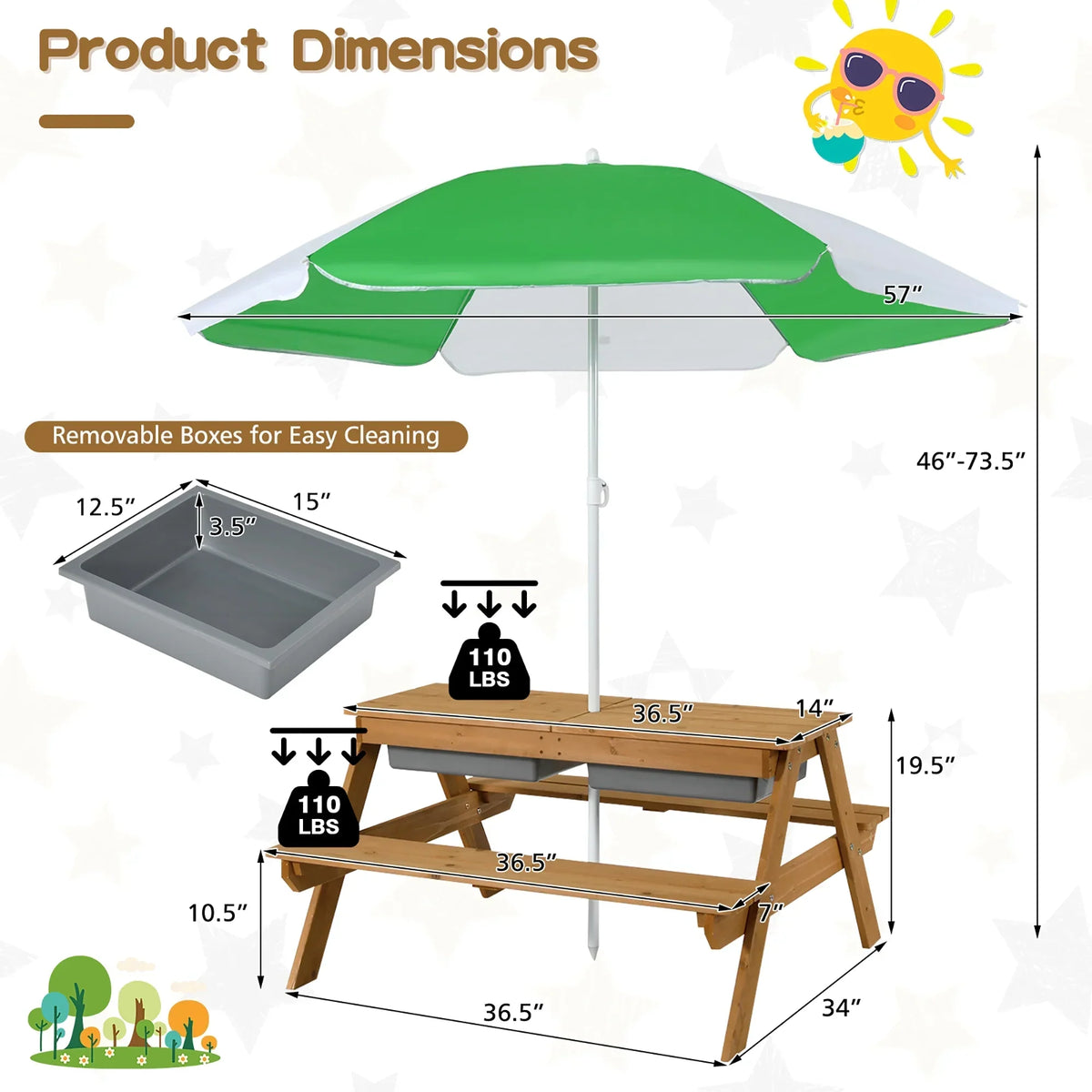 2026 NewCostway 3-in-1 Kids Picnic Table Wooden Outdoor Sand & Water Table with Umbrella Play Boxes Green