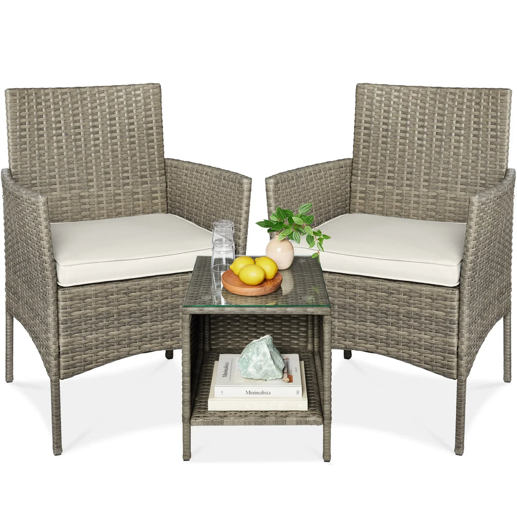 2026 NewBest Choice Products 3-Piece Outdoor Wicker Conversation Patio Bistro Set, w/ 2 Chairs, Table - Gray/Navy