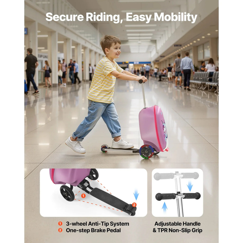 2026 NewKFFKFF Ride-on Kids Luggage, 20L Capacity, 20-Inch Scooter Suitcase with Flashing PU Wheels, Adjustable Handle & Non-Slip Grip, Foldable and Lightweight Travel Companion for Children Aged 5+, Purple