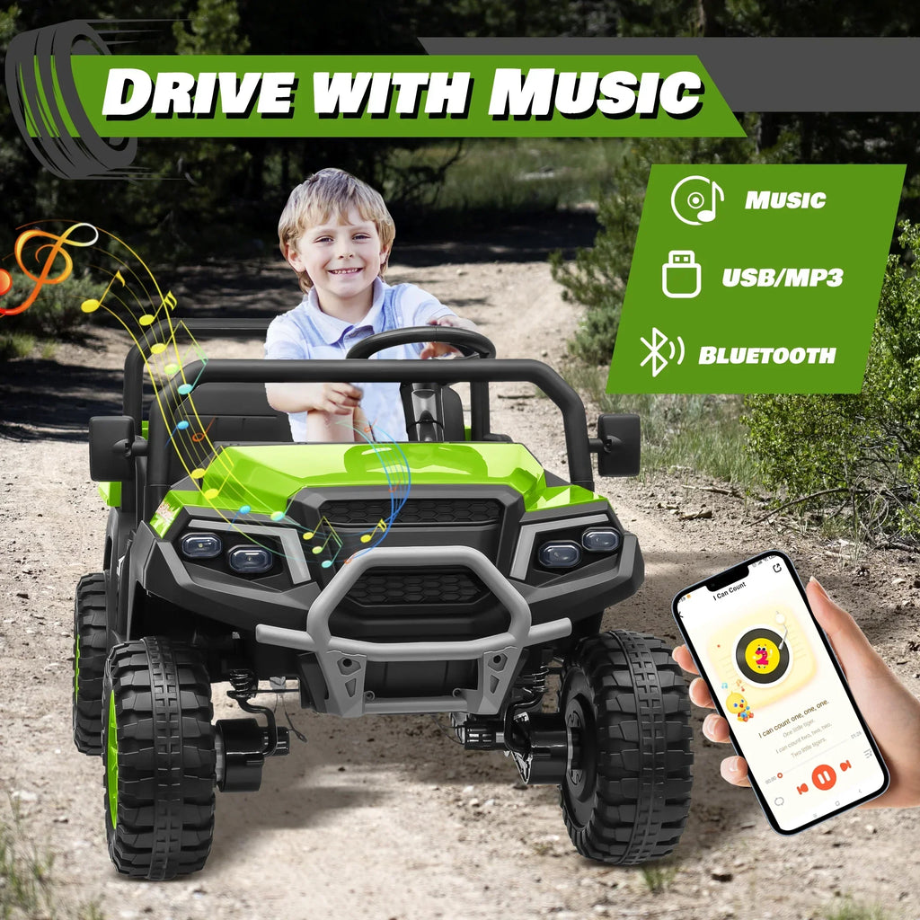 2026 NewJoyracer 4WD 24 Volt Ride on Toys UTV with 2 Seater & Remote Control, Kids Electric Golf Cart w/ 4x200W Power Motors, Tiltable Trailer & Shovel, 4 Wheels Spring Suspension, Bluetooth USB Music, Black