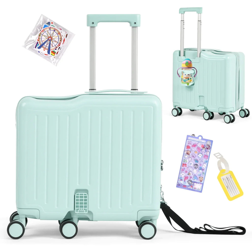 2026 NewAdvwin Ride-On Kids Luggage with Pull Strap, Footrests, Cup Holder, 6 Wheels & Adjustable Handle, 18-Inch Spinner Suitcase with Stickers & Boarding Pass, Pink