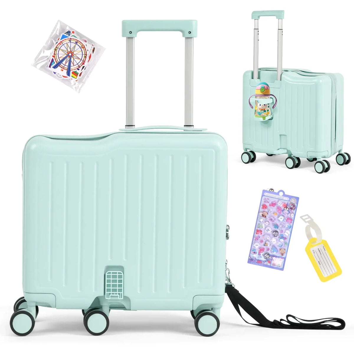 2026 NewAdvwin Ride-On Kids Luggage with Pull Strap, Footrests, Cup Holder, 6 Wheels & Adjustable Handle, 18-Inch Spinner Suitcase with Stickers & Boarding Pass, Pink