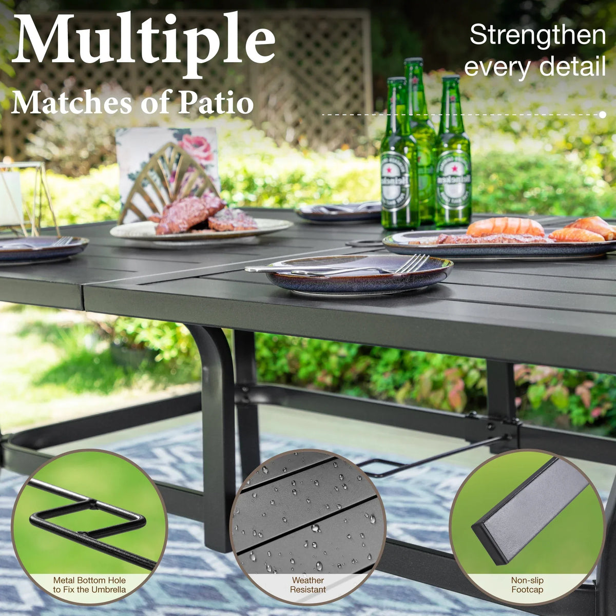 2026 NewMF Studio 6-Person Outdoor Rectangular Metal Dining Table with Umbrella Hole, All-Weather Resistance Patio Table, Black