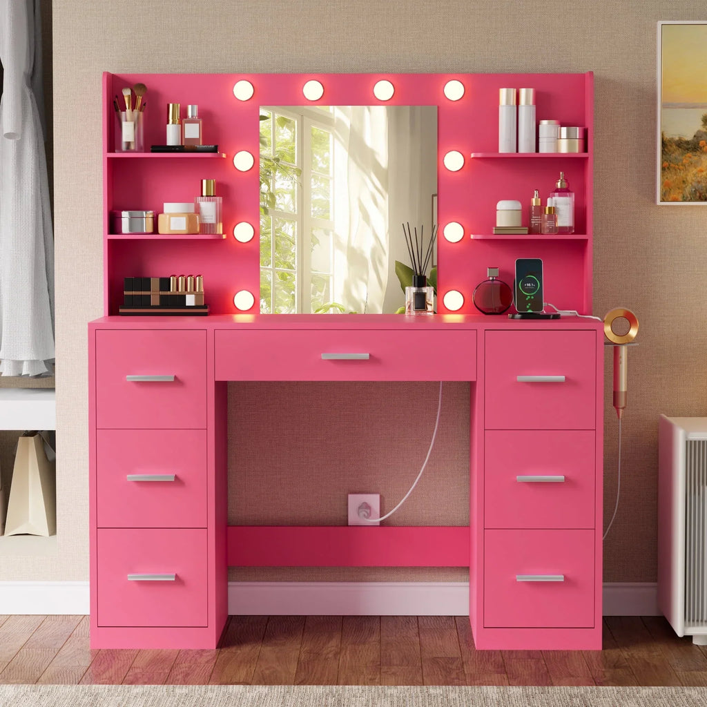 2026 NewLacoo Vanity Desk with Mirror and LED Lights, Makeup Vanity with 7 Drawers & 4 Shelves, Vanity Table with Power Outlet for Bedroom Dressing Room, White