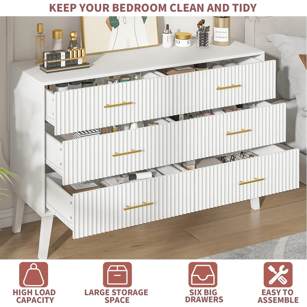 2026 NewFluted 6 Drawers Dresser, Wide Modern Chest of Drawers, 6 Drawer Double Dresser
