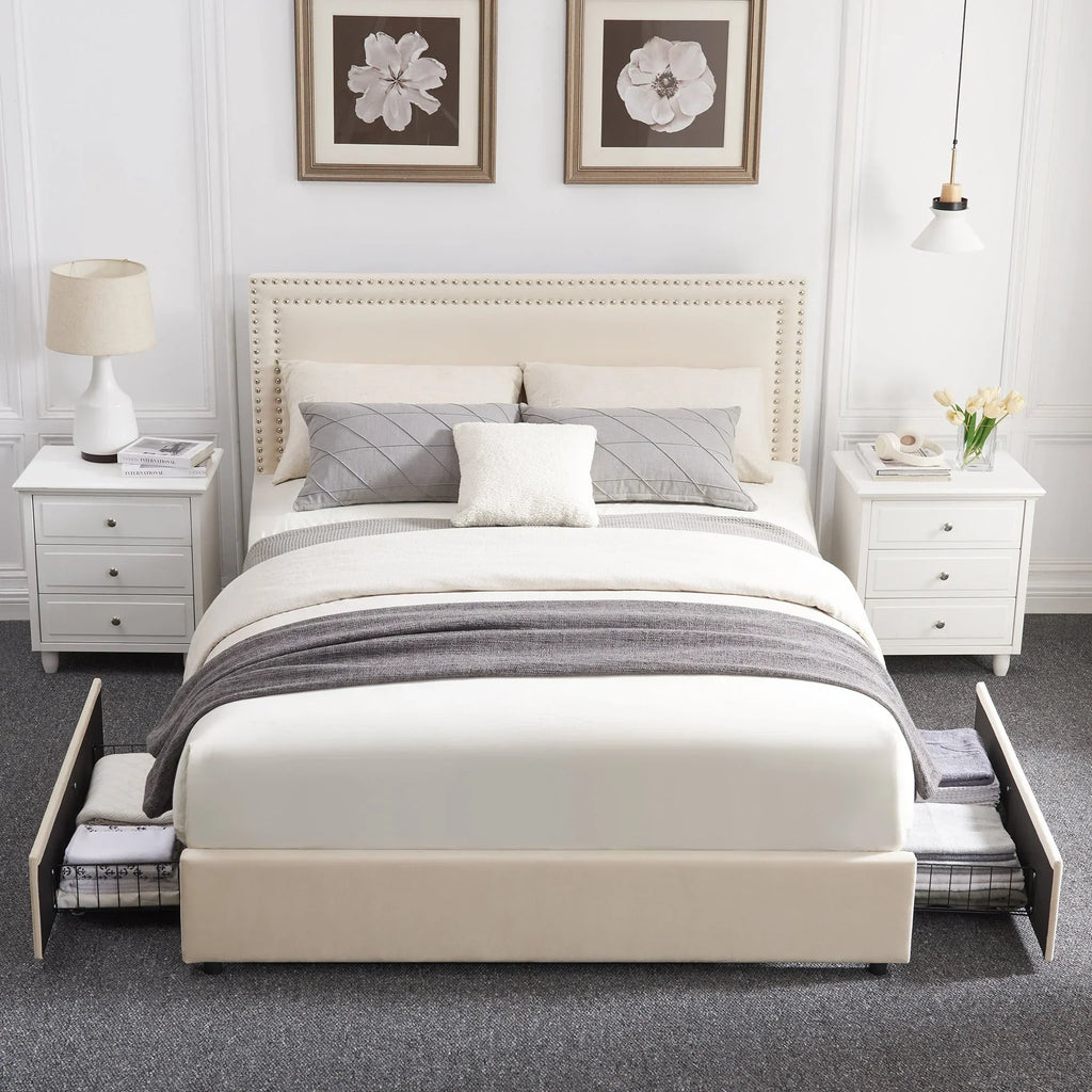 2026 NewVECELO Full Bed Frame with 4 Storage Drawers (Wheeled) and Tufted Upholstered Adjustable Headboard Platform Bed, Beige