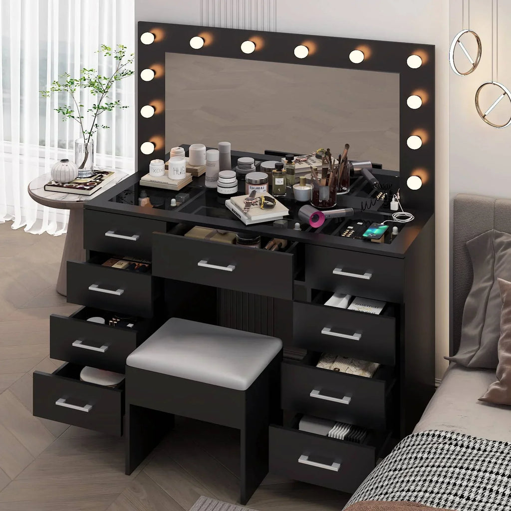 2026 NewKtaxon Large Makeup Vanity, Vanity Table Set w/ Visible Glass Top w/ Charging Station, White
