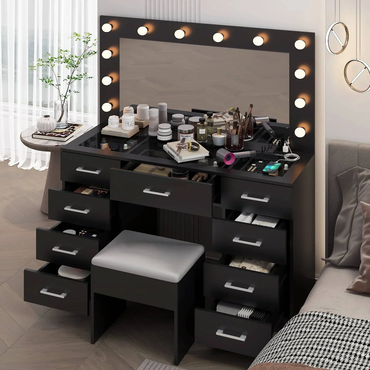 2026 NewKtaxon Large Makeup Vanity, Vanity Table Set w/ Visible Glass Top w/ Charging Station, White