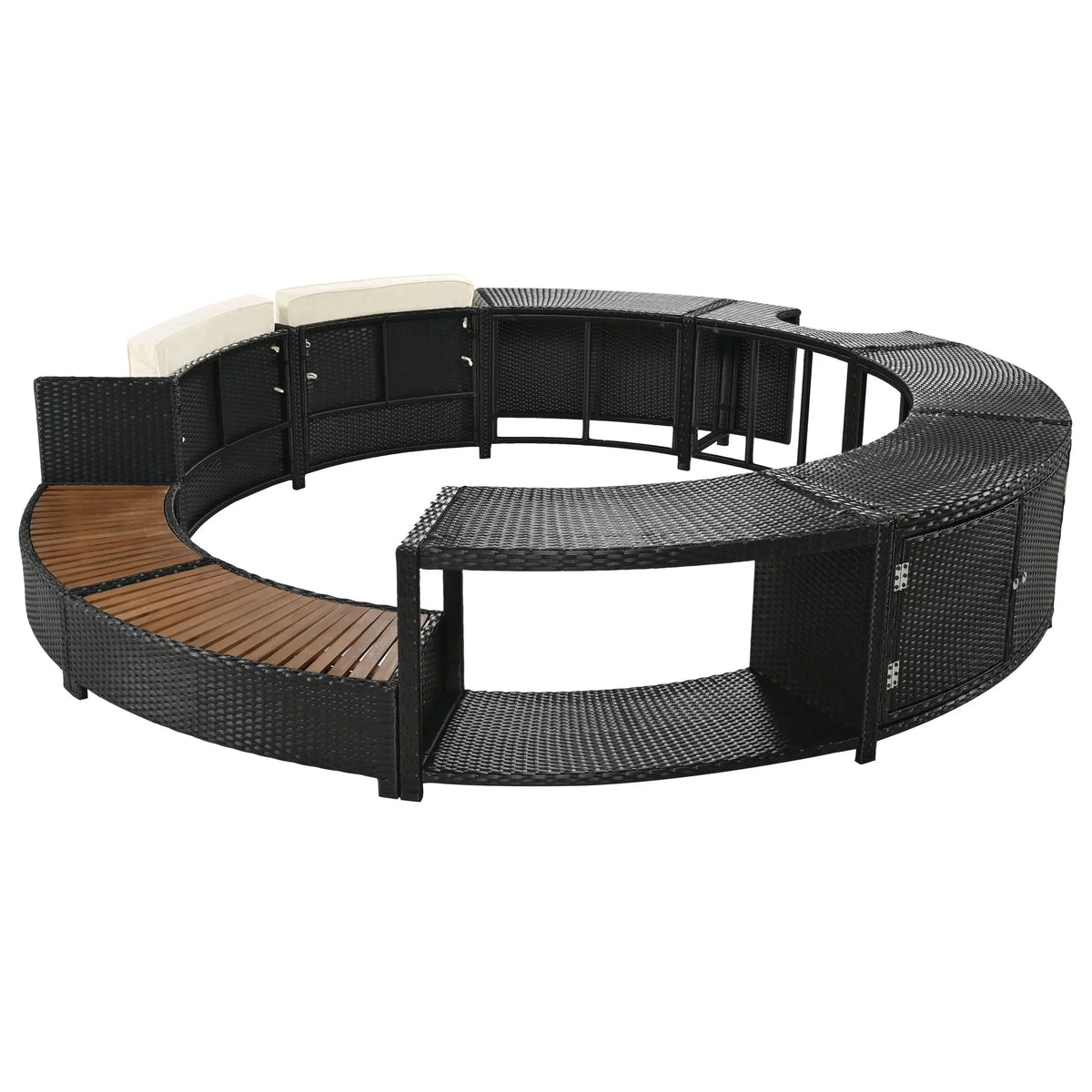 2026 NewRound Hot Tub Surround Furniture, Spa Surround Outdoor Rattan Sectional Sofa Set with Mini Sofa, Solid Acacia Wood Hot Tub Storage Surround Patio Furniture Set, Gray Cushion