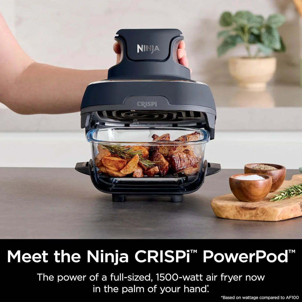 2026 NewNinja Crispi 4-in-1 Portable Glass Air Fryer Cooking System, 4-Qt & 6-Cup Containers, Cyberspace