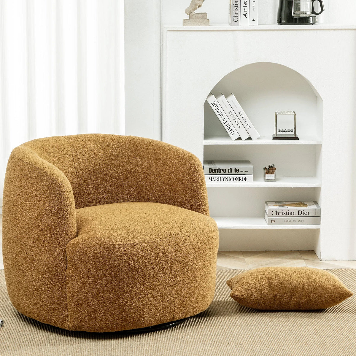 2026 New34" Wide Boucle Swivel Barrel Chair, No Assembly Round Upholstered Armchair Accent Chair Single Sofa Chair with Toss Pillow for Living Room and Bedroom, Taupe