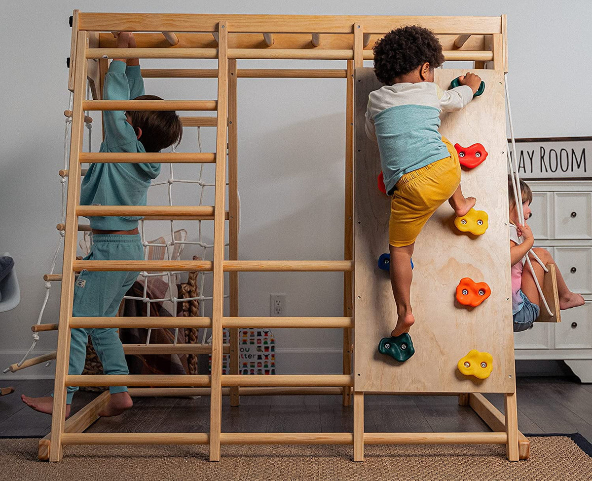 2026 NewAvenlur Indoor Toddler and Child Indoor Gym Playground Climber - Real Wooden Playset 6-in-1 Slide, Rock Climb Wall, Rope Wall Climbing, Monkey Bars, Swing, Ladder Fun Gym for Children