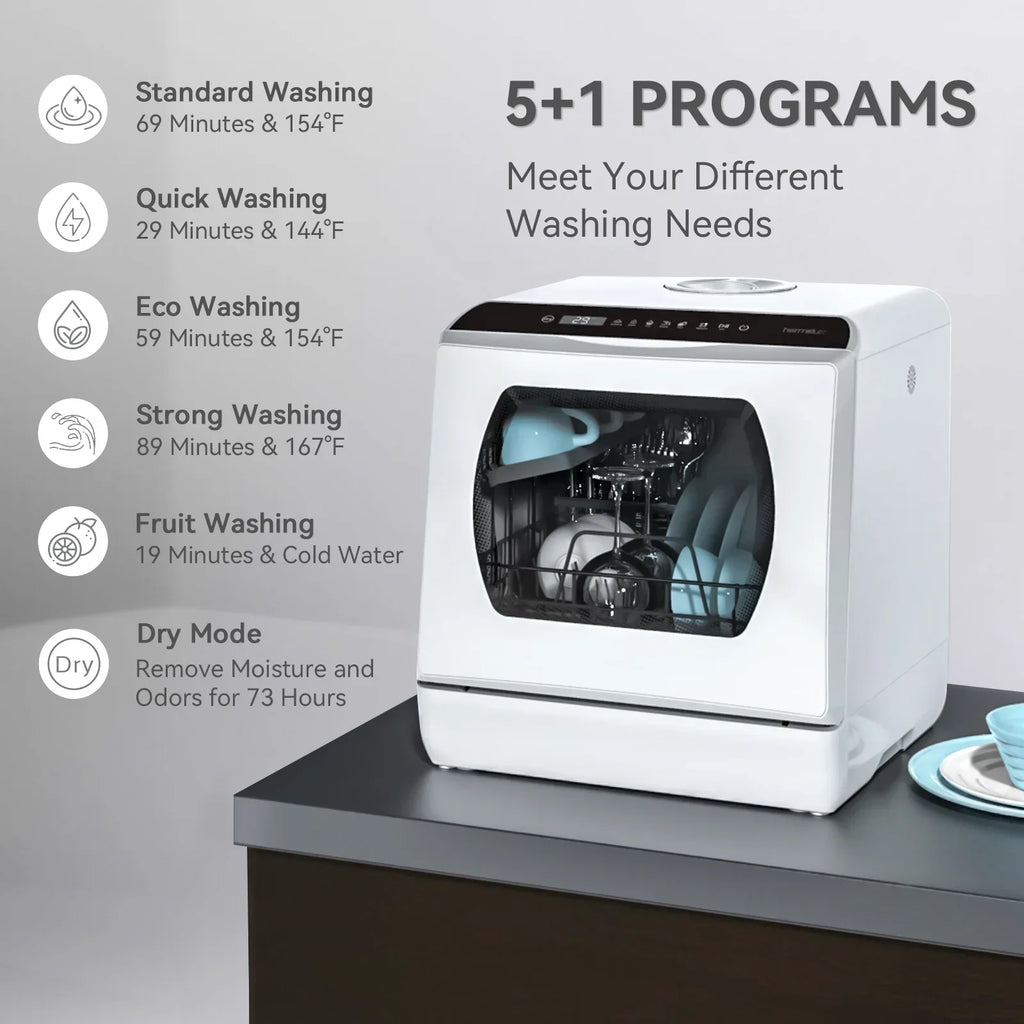 2026 NewHermitlux Portable Countertop Dishwasher, 5 Washing Programs, 5L Built-in Water Tank and Air-Dry Function, HMX-DW03
