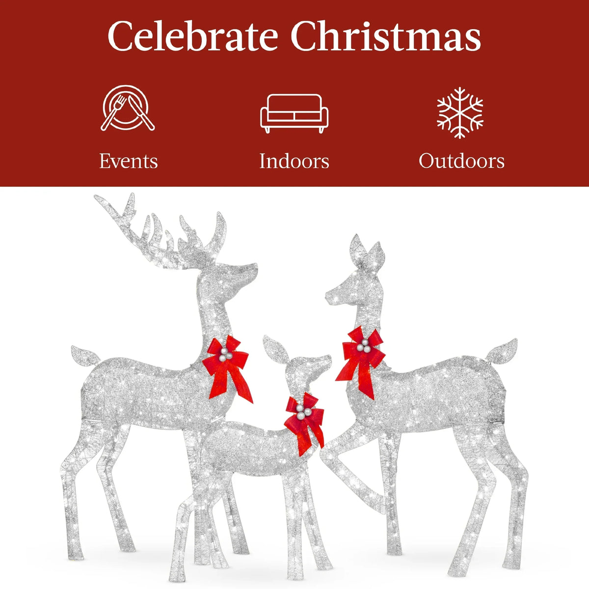 2026 NewBest Choice Products 6.5ft 3-Piece Lighted Christmas Deer Set Outdoor Yard Decoration w/ 385 LED Lights, Stakes - Gold