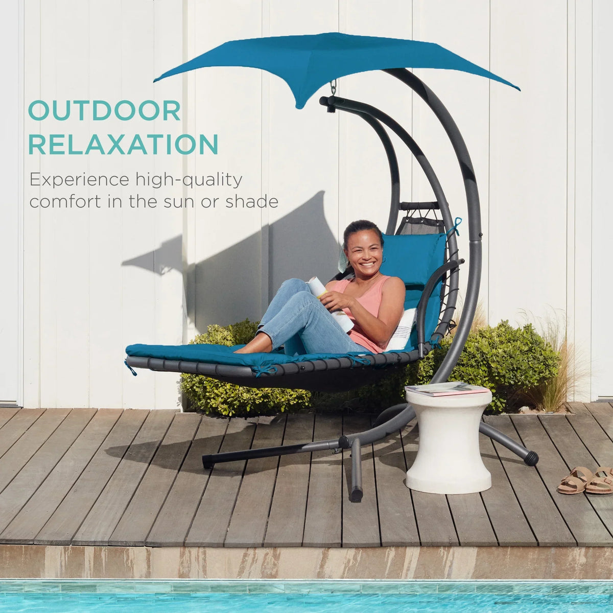 2026 NewBest Choice Products Hanging Curved Chaise Lounge Chair Swing for Backyard, Patio w/ Pillow, Shade, Stand - Teal