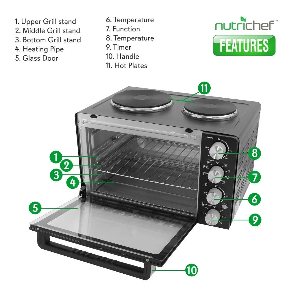 2026 NewNutriChef 30 Quart Kitchen Convection Oven & 2 Burner Cooker - 1500 Watt Oven - 7 Cook Functions Rotisserie, Cook, Bake, Broil & More - Includes Baking Tray, Skewers & Handles - 19.6 x 16.0 x 13.5 IN