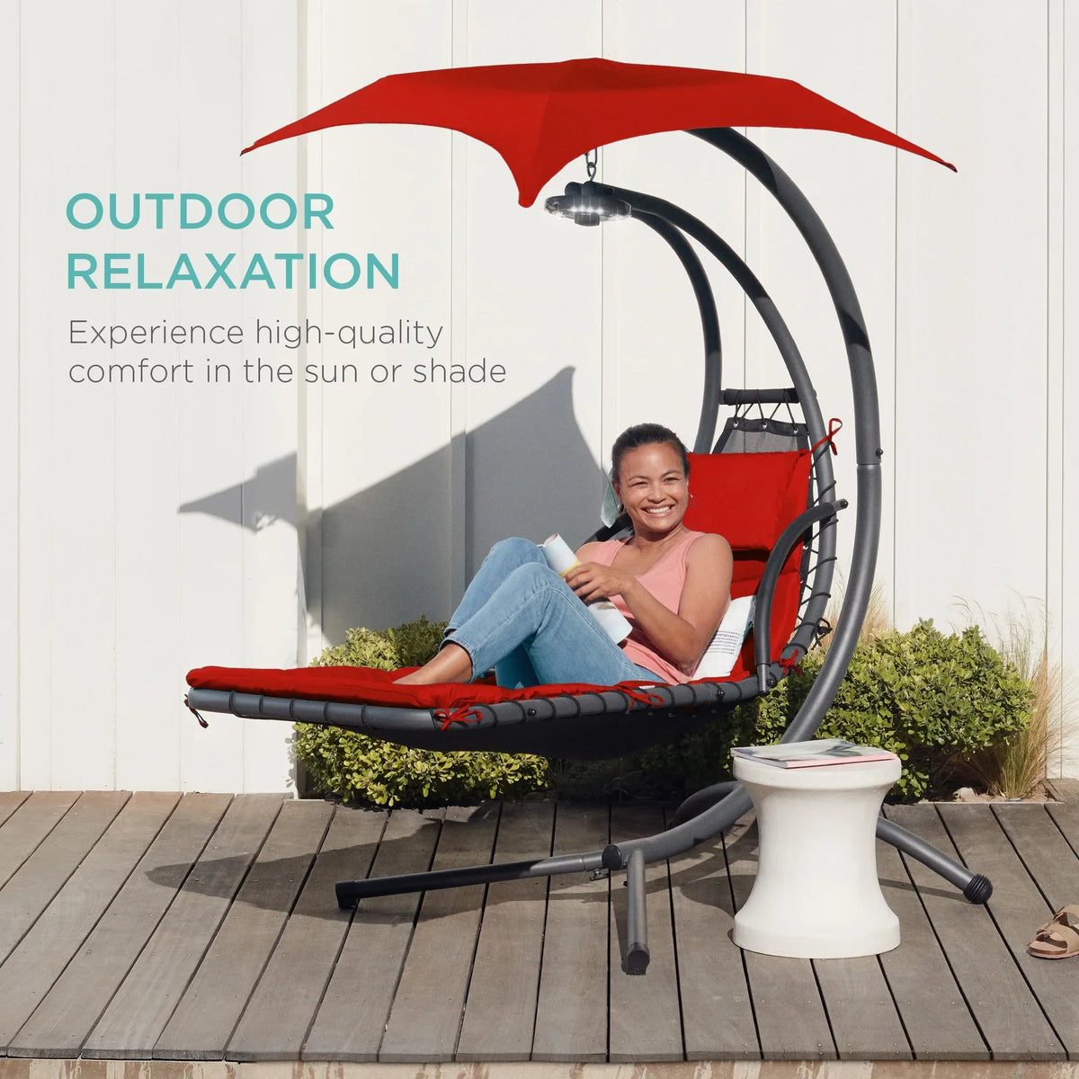 2026 NewBest Choice Products Hanging Curved Chaise Lounge Chair Swing for Backyard, Patio w/ Pillow, Shade, Stand - Teal