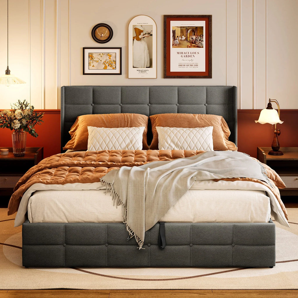 2026 NewLofka Lift Up Storage Bed Full Size, Modern Wingback Headboard, No Box Spring Needed, Hydraulic Storage, Dark Grey