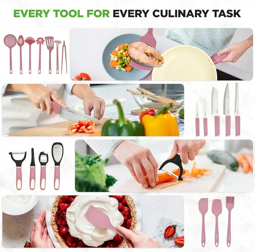 2026 New54-Piece Kitchen Cookware Set �C Complete Non-Stick Ceramic Pots and Pans Set with Utensils, Bakeware, and Knife Set, Gas, Electric & Induction Compatible, Blush Pink Kitchen Essentials