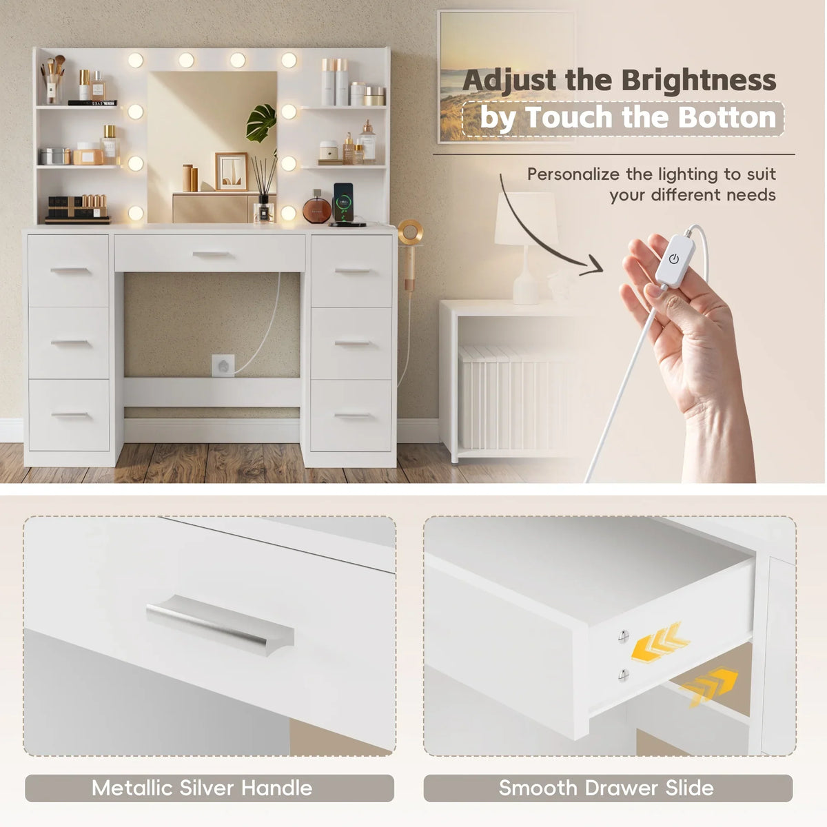 2026 NewLacoo Vanity Desk with Mirror and LED Lights, Makeup Vanity with 7 Drawers & 4 Shelves, Vanity Table with Power Outlet for Bedroom Dressing Room, White