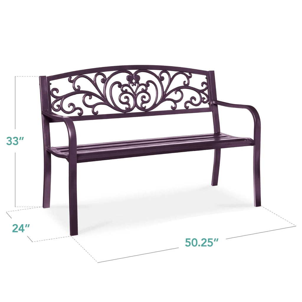2026 NewBest Choice Products Outdoor Steel Bench Garden Patio Porch Furniture w/ Floral Design Backrest - Black