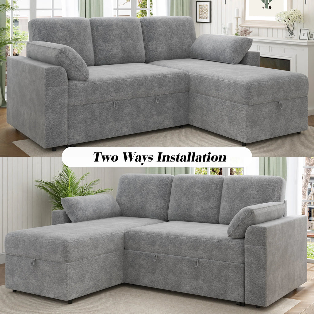 2026 NewVANACC Sofa Bed, Adult Sleeper Sofa with Storage Chaise, Pull Out Couch for Bed Room, Gray Chenille