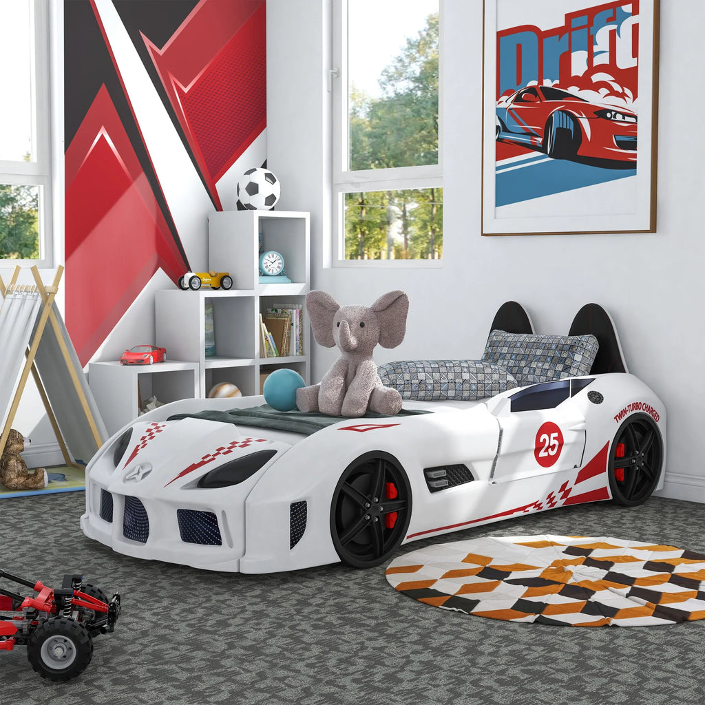 2026 NewFurniture of America Dash Kids Plastic Twin Race Car Bed with LED and Sound, White