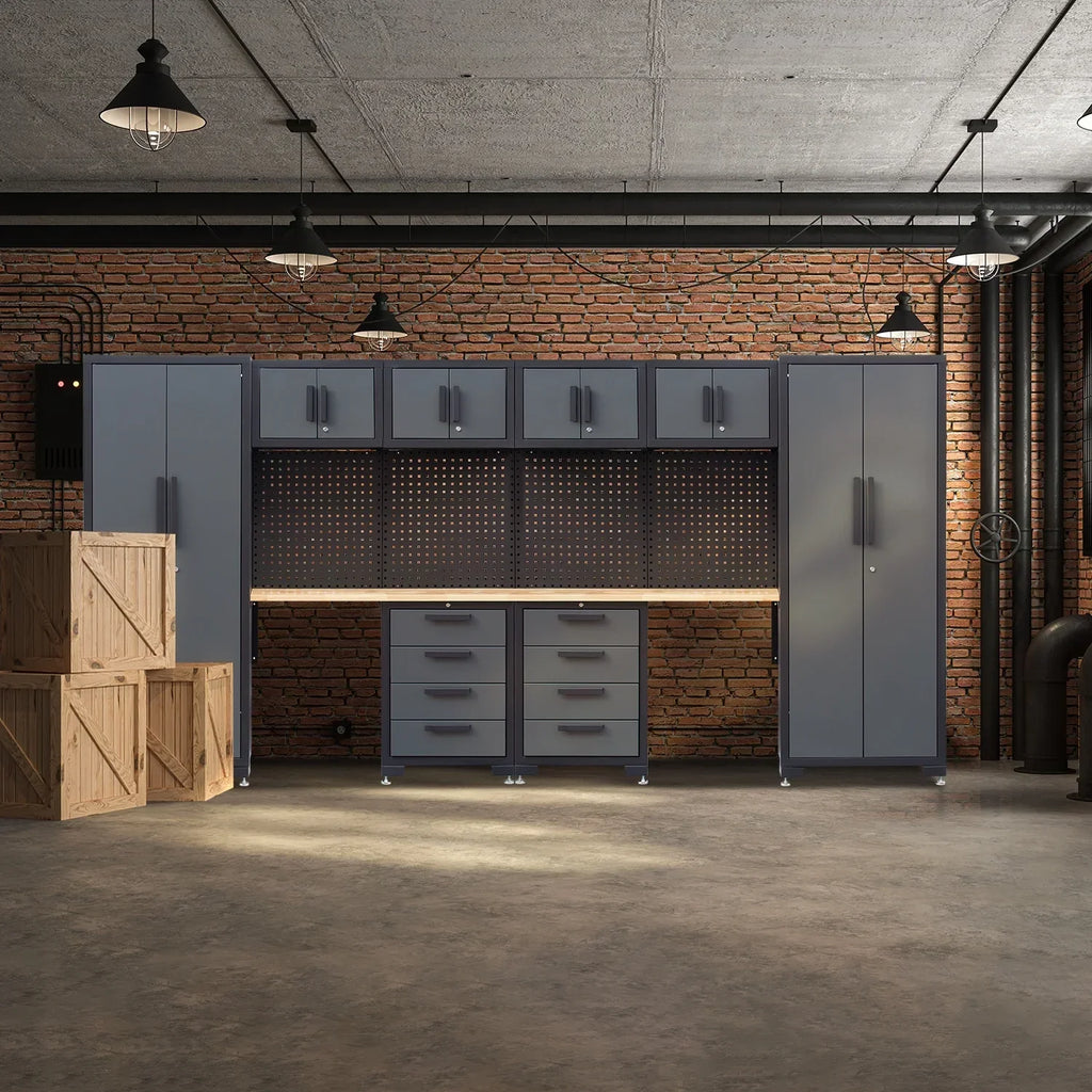 2026 NewHPDMC Garage Storage Cabinet System 7-Pcs Workshop Set Metal Garage Cabinets System with Steel Cabinet Drawers, Workbench, Pegboard for Garage Tool Organization