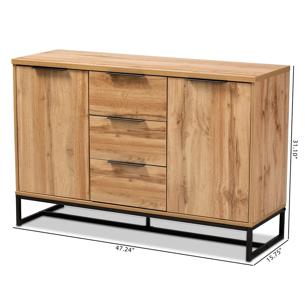 2026 NewBaxton Studio Reid Modern and Contemporary Industrial Oak Finished Wood and Black Metal 3-Drawer Sideboard Buffet