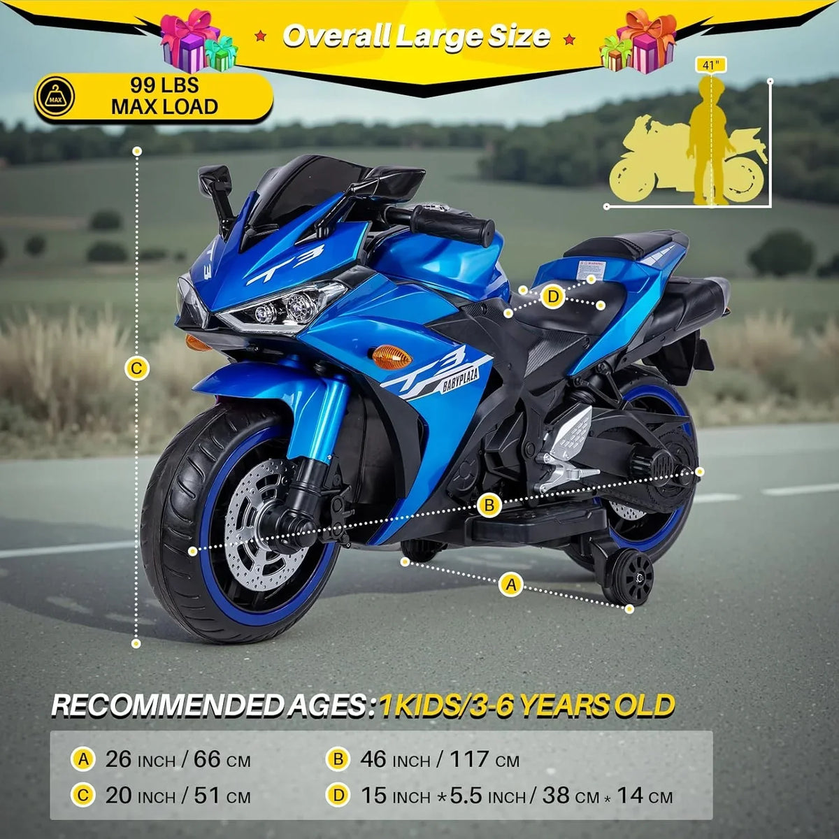 2026 New2 Seats Electric Dirt Bike Motorcycle for Kid 3-8, 12V Kids Motorcycle with Manual Throttle, Lighting Wheels, Music Function, Max Load 99LB (Blue)