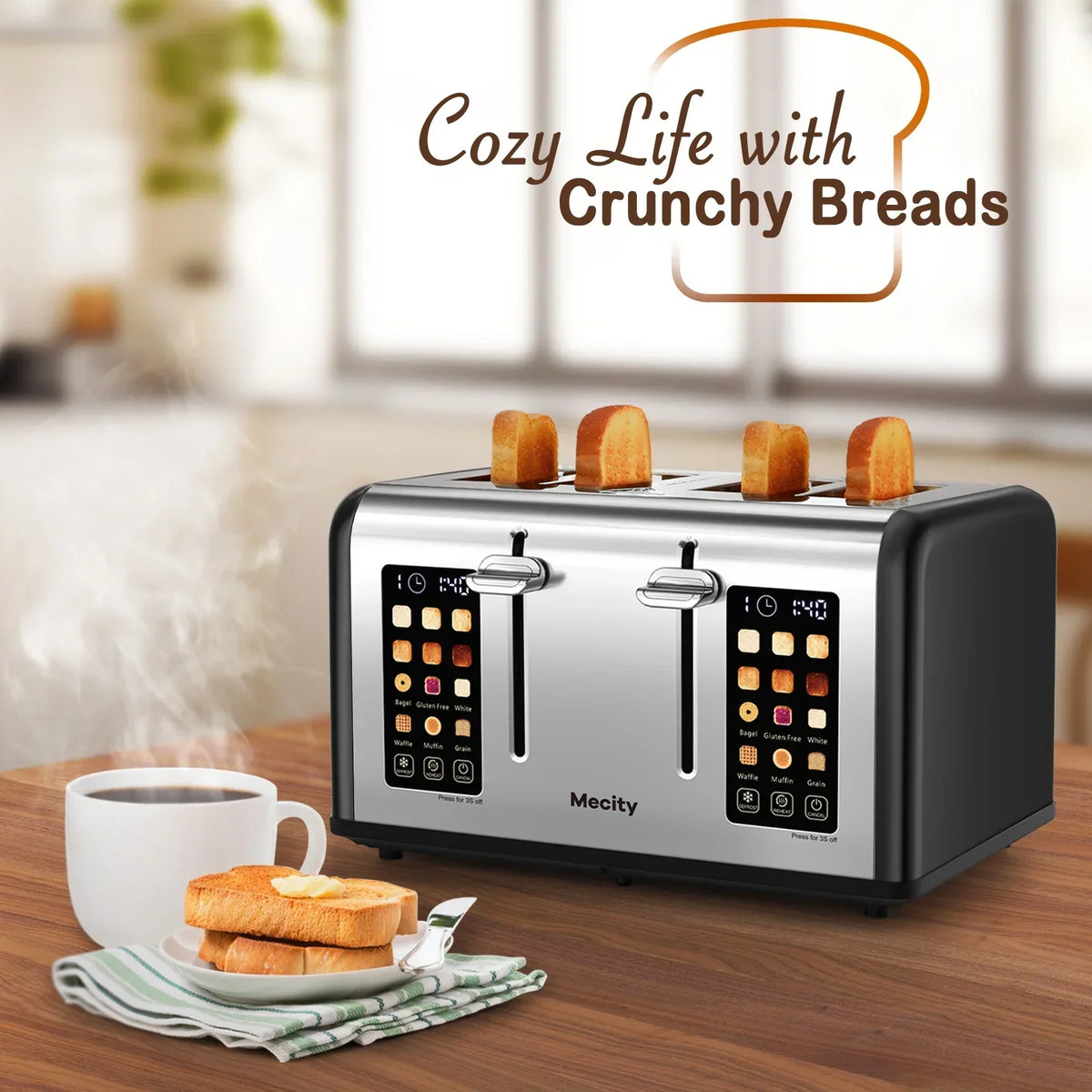 2026 NewMecity 4-Slice Touchscreen Toaster, Stainless Steel, 6 Browning Settings, Reheat, Cancel, Defrost, Removable Tray