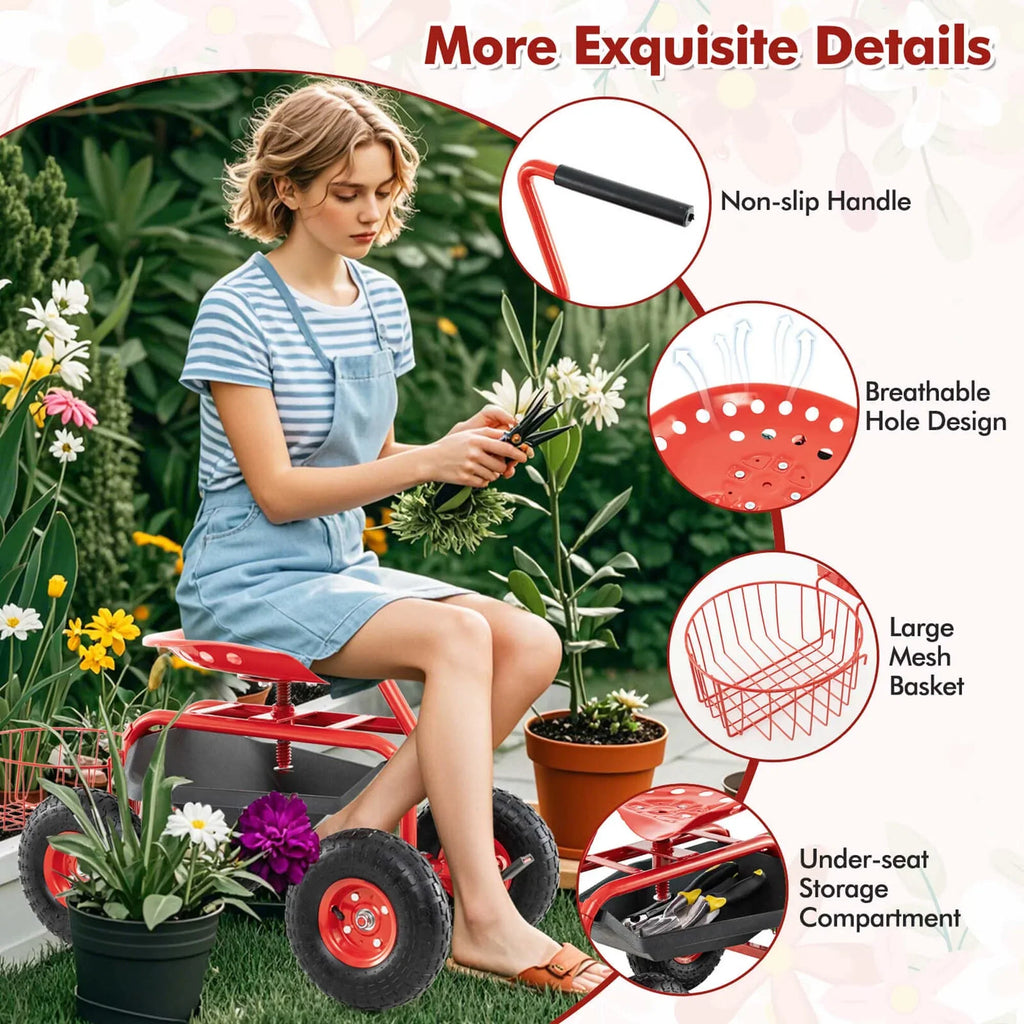 2026 NewCostway Garden Cart Rolling Work Seat for Planting with Extendable Handle Green