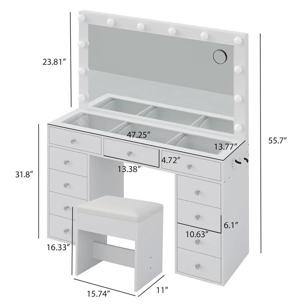 2026 NewWhite Vanity Desk with Illuminated Mirror & Power Outlet, 11 Drawers Vanity Table with Chair, Makeup Vanity with 12 LED Lights, Tempered Glass Top, Dressing Table for Bedroom,Dressing Room